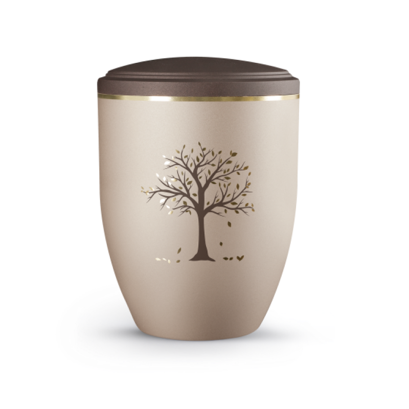 Urne der Edition La Vida in champagnerfarbenem Material mit goldener Linie und braunem Deckel, verziert mit einem Baum-Motiv in gold und sienafarbenen Akzenten.