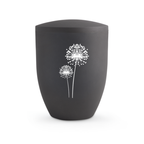 Die anthrazitfarbene Urne aus biologisch abbaubarem Material hat eine runde Form und zeigt im Detail zwei weiße Pusteblumen auf der Vorderseite.