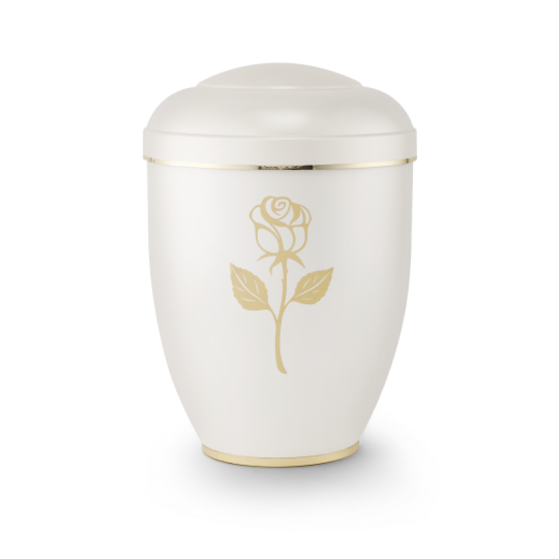Die Urne aus der Edition Creatio ist perlmuttfarben, hat eine polierte Oberfläche, eine goldene Rose als Dekor und einen goldenen Rand am Deckel.