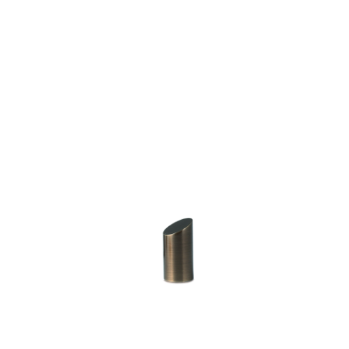 Die gebrochene Säule aus Messing ist galvanisch gefärbt, hat eine schlichte, zylindrische Form und eine gebogene Oberkante, Gesamtansicht.