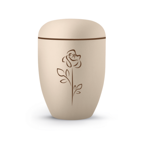 Die Urne der Edition Classique ist cremefarben, hat eine ovale Form und zeigt eine eingravierte Rose mit stilisierten Blättern sowie einen braunen Rand.