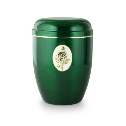 Die moosgrüne Urne Cestal von Goetz hat eine glänzende Oberfläche, goldene Streifen und ein ovales Rosenemblem auf der Vorderseite.