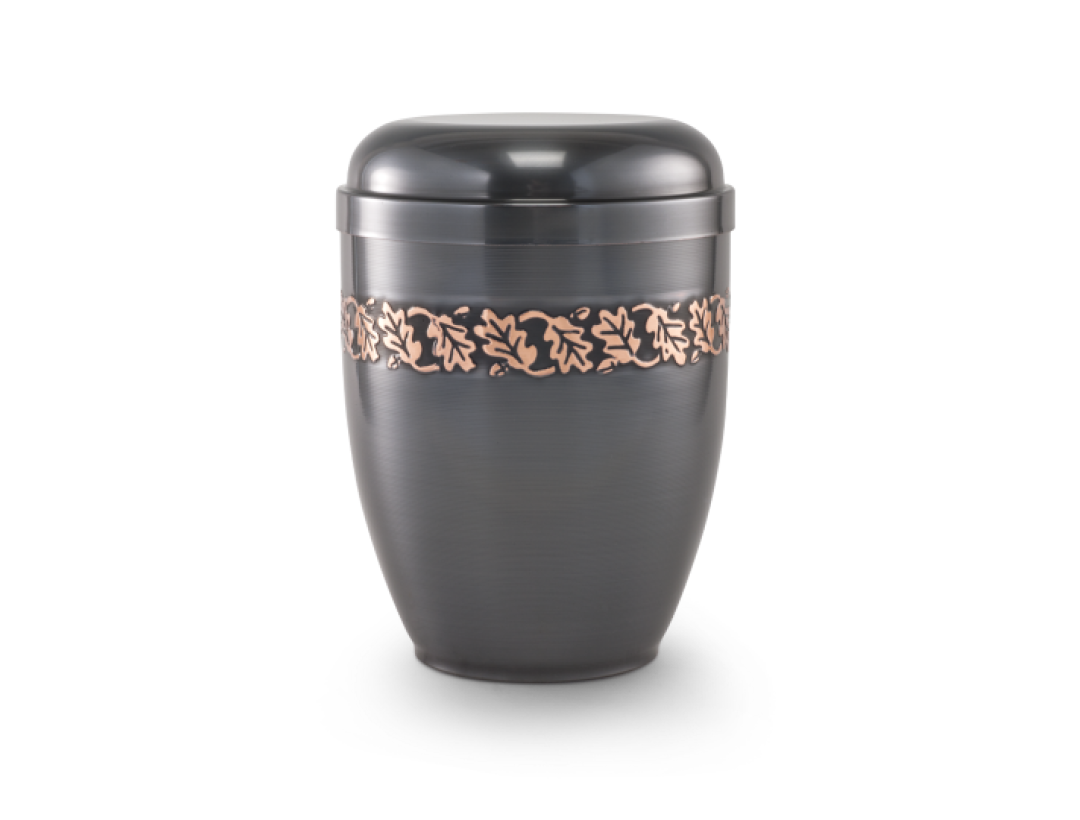 Kupfer, galvanisch dunkel gefärbt, geprägtes Eichenlaubband, umlaufend, hell hervorgehoben Kupfer, galvanisch dunkel gefärbt, geprägtes Eichenlaubband, umlaufend, hell hervorgehoben