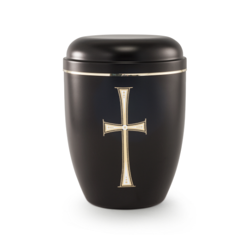 Schwarze Stahlurne mit goldfarbenem, zweifarbigem Kreuzmotiv und einer schlichten, runden Form, Gesamtansicht mit Deckel.