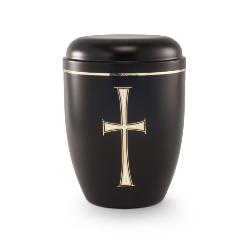 Schwarze Stahlurne mit goldfarbenem, zweifarbigem Kreuzmotiv und einer schlichten, runden Form, Gesamtansicht mit Deckel.