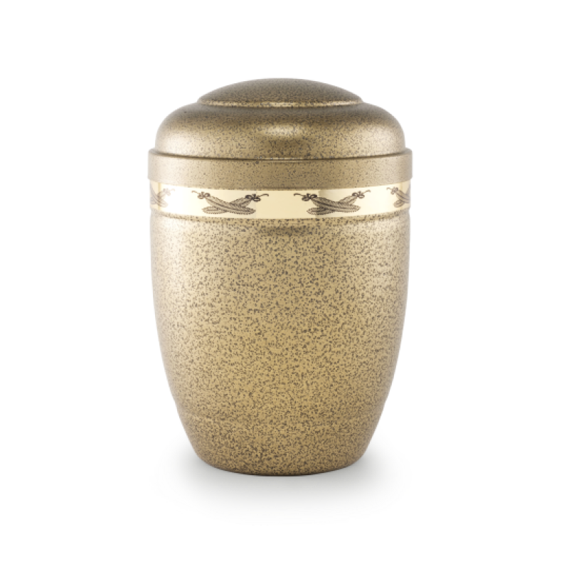 Die Urne Cestal in gold-brokat hat eine ovale Form, eine glänzende goldene Oberfläche mit einem dekorativen, goldenen Palmzweigband und ist in Gesamtansicht abgebildet.