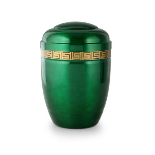 Die Urne aus grünlasierendem Stahl hat eine ovale Form und ist mit einem goldenen Dekorstreifen verziert, sichtbar in Gesamtansicht.