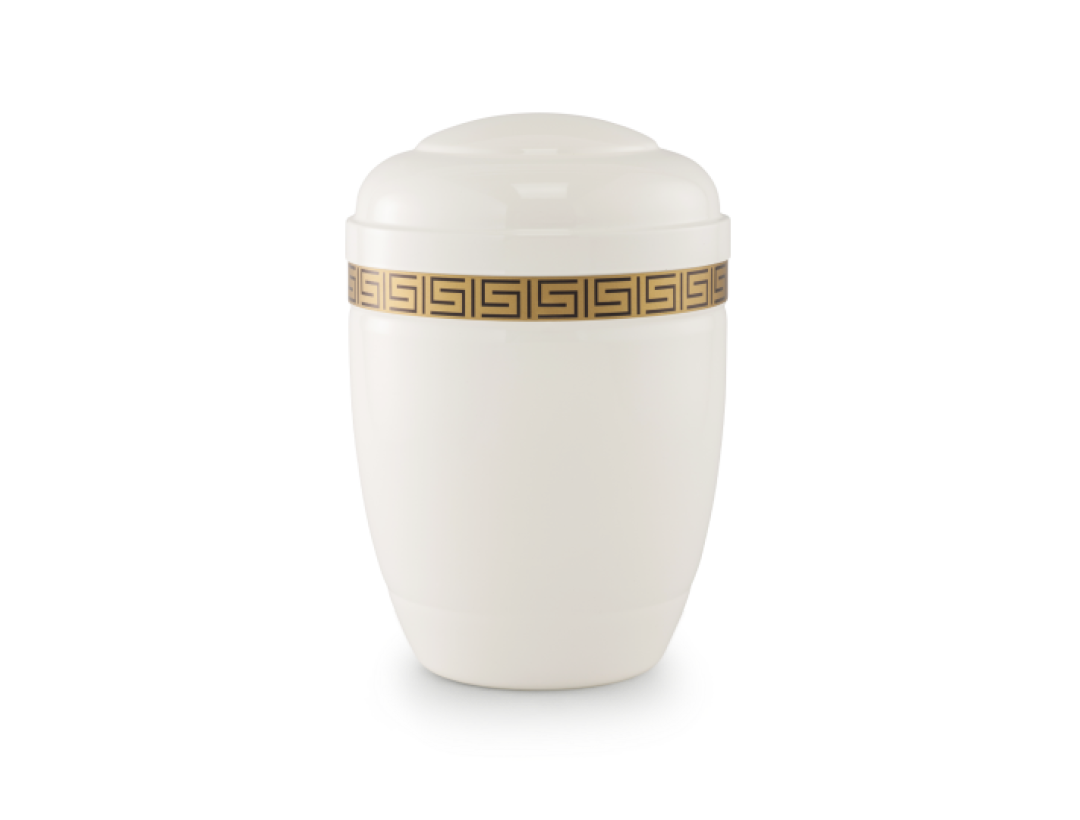 Stahl, weiß lackiert, umlaufendes Mäanderdekor Stahl, weiß lackiert, umlaufendes Mäanderdekor