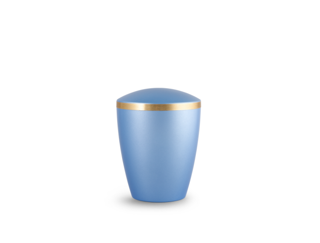 Edition Kleinurne, perlmutt eisblau, Goldband gebürstet, biol. abbaub. Edition Kleinurne, perlmutt eisblau, Goldband gebürstet, biol. abbaub.