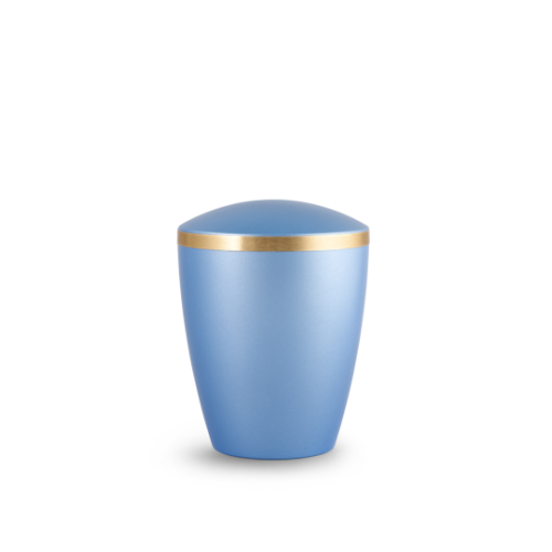 Kleinurne in perlmutt eisblau mit gebürstetem Goldband, konisch geformt, matte Oberfläche, Gesamtansicht.