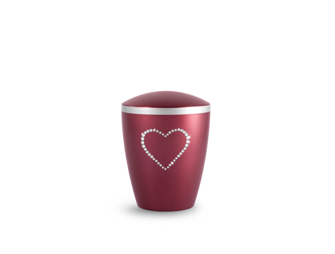 Kinderurne, perlmutt weinrot, 1,0 ltr. Herz aus Kristallen, biol. abbaub. Kinderurne, perlmutt weinrot, 1,0 ltr. Herz aus Kristallen, biol. abbaub.