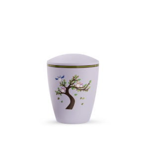 Edition Kleinurne, Soft-Touch-Oberfläche, flieder, Baum mit Eulen, biol. abbaub.