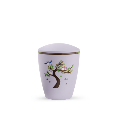 Kleinurne in flieder mit Soft-Touch-Oberfläche, verziert mit einem Baum und Eulen, hat eine runde Form und einen abnehmbaren Deckel.