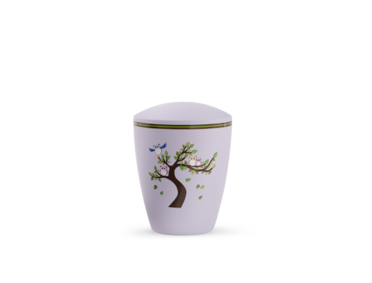 Edition Kleinurne, Soft-Touch-Oberfläche, flieder, Baum mit Eulen, biol. abbaub.