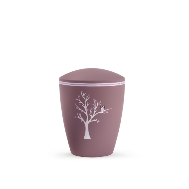 Edition Kleinurne, Soft-Touch-Oberfläche, altrosa, Baum mit Eule, biol. abbaub.