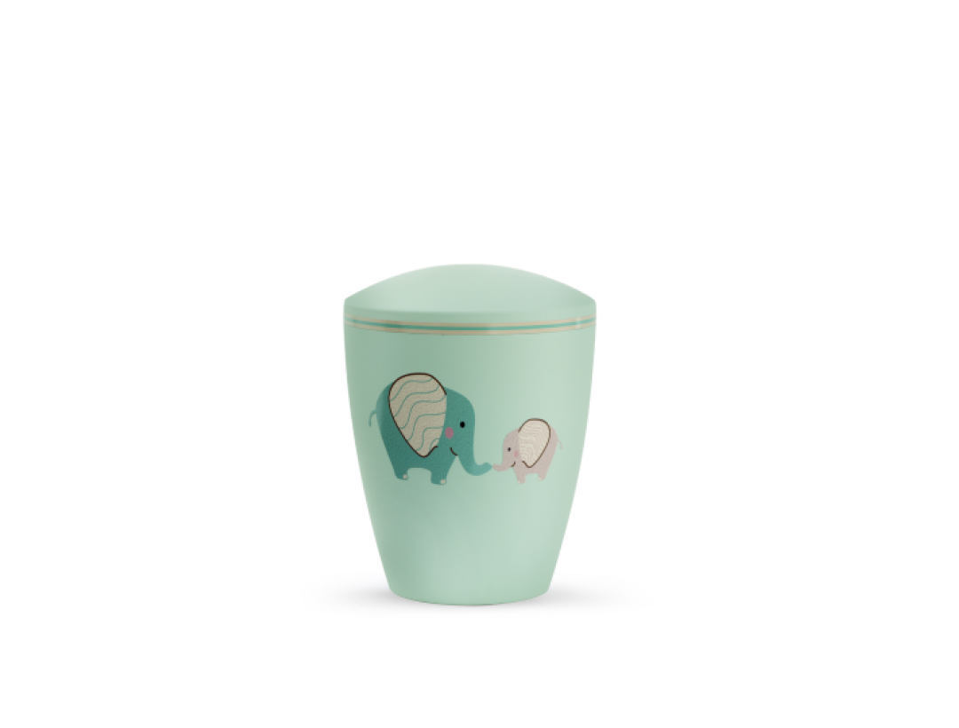 Edition Kleinurne, Soft-Touch-Oberfläche, mintgrün, Elefanten, biol. abbaub.