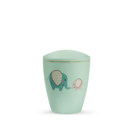 Edition Kleinurne, Soft-Touch-Oberfläche, mintgrün, Elefanten, biol. abbaub.