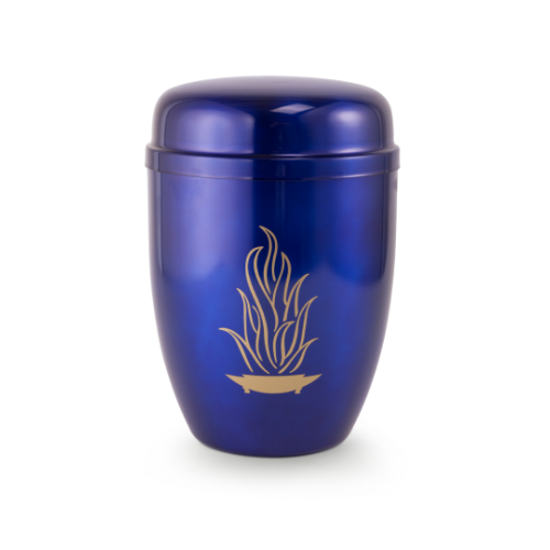 Die blaue Urne Cestal von Völsing hat eine glänzende Oberfläche und zeigt eine goldene Flamme als Dekor, sie hat eine runde Form mit einem abnehmbaren Deckel.