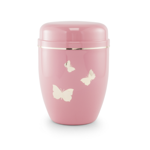 Kinderurne Stahl, rosa lackiert, Goldstreifen und Schmetterling