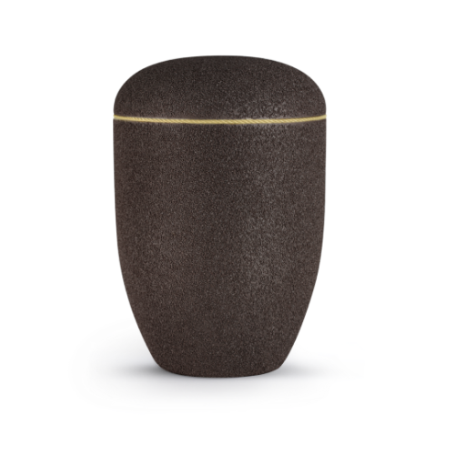Die Urne aus der Edition Rocka ist sandbeschichtet, in der Farbe velvet siena, mit einer goldenen Linie verziert und hat eine ovale Form.