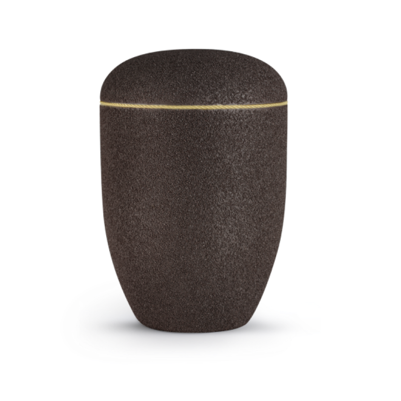 Die Urne aus der Edition Rocka ist sandbeschichtet, in der Farbe velvet siena, mit einer goldenen Linie verziert und hat eine ovale Form.