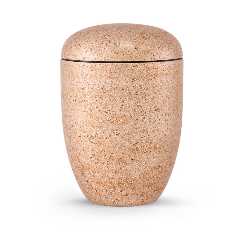 Die Terra-Jura Urne Edition Rocka ist orange, in Steinoptik geschliffen und hat eine ovale Form mit einem abgerundeten Deckel, sichtbar in Gesamtansicht.