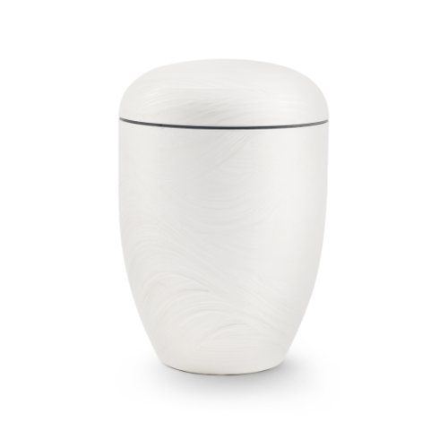 Urne der Edition Rocka in creme mit Wellenmuster in Steinoptik, aus biologisch abbaubarem Material, Gesamtansicht mit abgerundetem Deckel.
