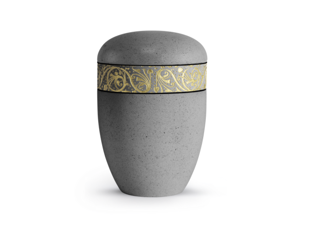 Terra-Jura Urne Edition Rocka, Muschelkalkbeschichtung betongrau, Reliefring gold Terra-Jura Urne Edition Rocka, Muschelkalkbeschichtung betongrau, Reliefring gold