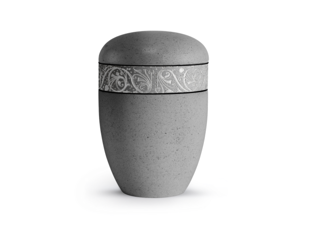 Terra-Jura Urne Edition Rocka, Muschelkalkbeschichtung betongrau, Reliefring silber Terra-Jura Urne Edition Rocka, Muschelkalkbeschichtung betongrau, Reliefring silber