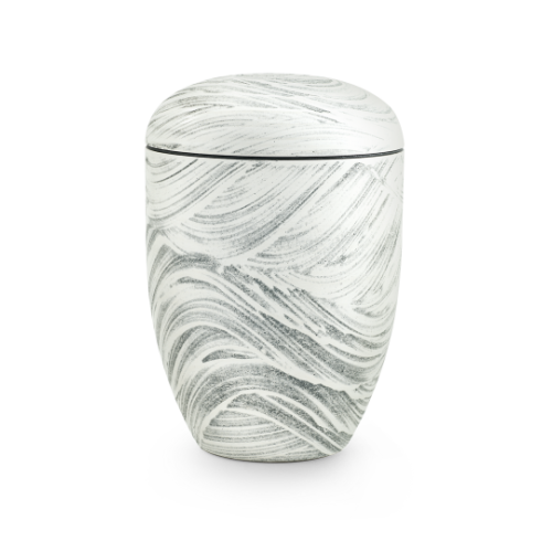 Urne der Edition Rocka in grün mit Wellenmuster in Steinoptik, aus biologisch abbaubarem Material, in Gesamtansicht mit abgerundeter Form und Deckel.