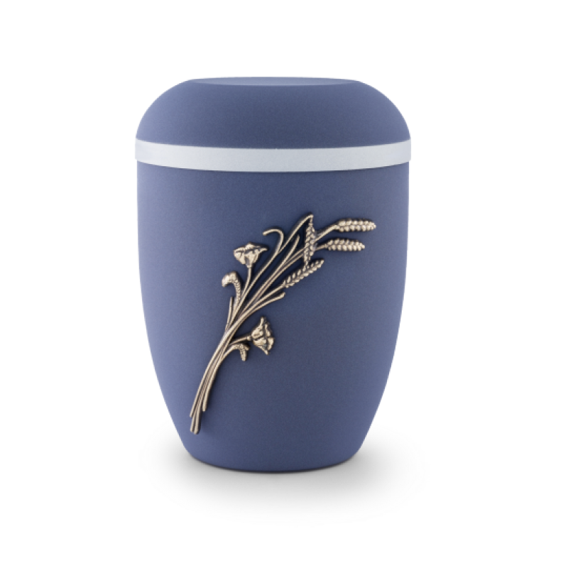 Urne aus blau-grauem Samton mit einer silberfarbenen Verzierung in Form von Pflanzen, ovaler Form und mit einem abnehmbaren Deckel.