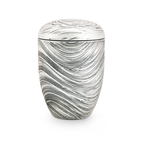Urne der Edition Rocka in grau mit Wellenmuster in Steinoptik, aus biologisch abbaubarem Material, Gesamtansicht mit abgerundeter Form und schmalem Deckel.