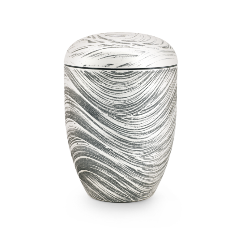 Urne der Edition Rocka in grau mit Wellenmuster in Steinoptik, aus biologisch abbaubarem Material, Gesamtansicht mit abgerundeter Form und schmalem Deckel.