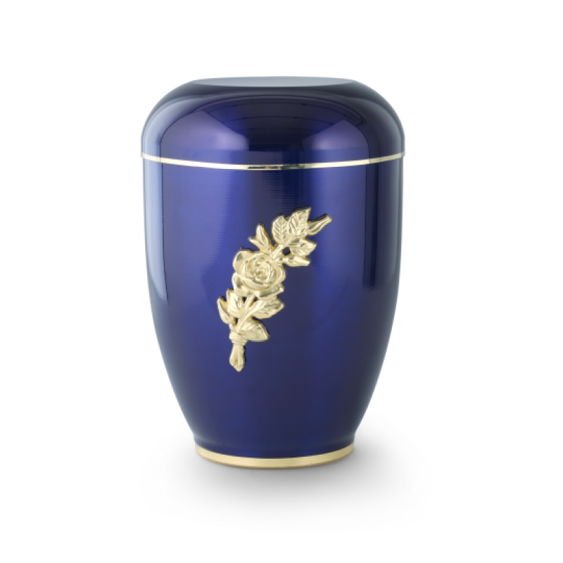 Die kobaltblaue Urne aus Kupfer hat eine glänzende Oberfläche, verziert mit einer goldenen Rose und einem Blattmotiv, und zeigt eine Gesamtansicht.
