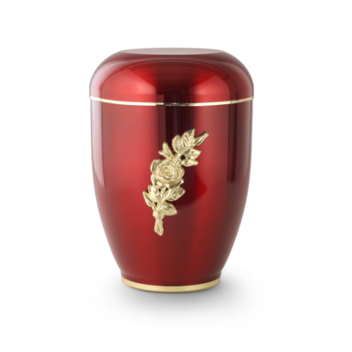 Die Urne aus kupferfarbenem, kardinalrotem Metall hat eine ovale Form, eine goldene Verzierung mit einer Rose und einen goldenen Rand am oberen und unteren Ende.