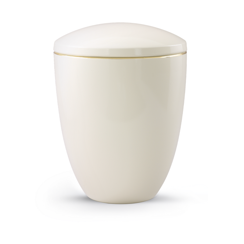 Die elfenbeinfarbene Urne aus Keramik hat eine ovale Form, einen glatten Oberflächenfinish und eine goldene Linie am Rand des Deckels, Gesamtansicht.