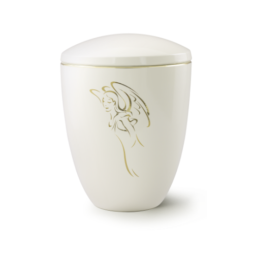 Die elfenbeinfarbene Keramikurne der Edition Ceramica hat eine ovale Form, einen goldenen Rand und zeigt eine stilisierte Engel-Darstellung auf der Vorderseite.