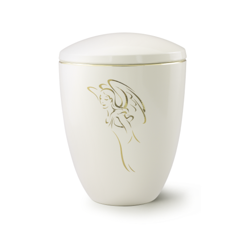 Die elfenbeinfarbene Keramikurne der Edition Ceramica hat eine ovale Form, einen goldenen Rand und zeigt eine stilisierte Engel-Darstellung auf der Vorderseite.