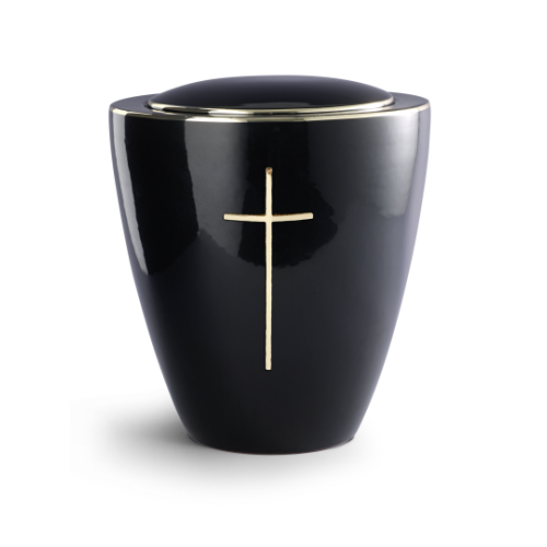 Urne aus Keramik in tiefschwarz glänzend mit poliertem Messingkreuz, konische Form, Gesamtansicht.