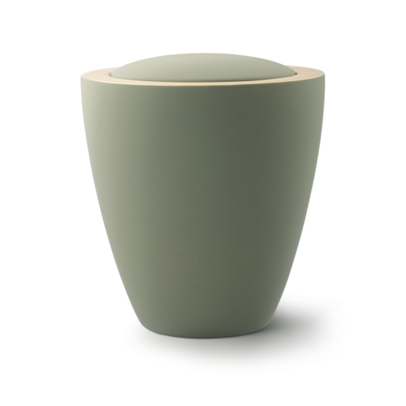 Die Urne aus der Edition Colour Line in Samton oliv ist aus Keramik, hat eine konische Form mit einem abgerundeten Deckel und eine matte Oberfläche.