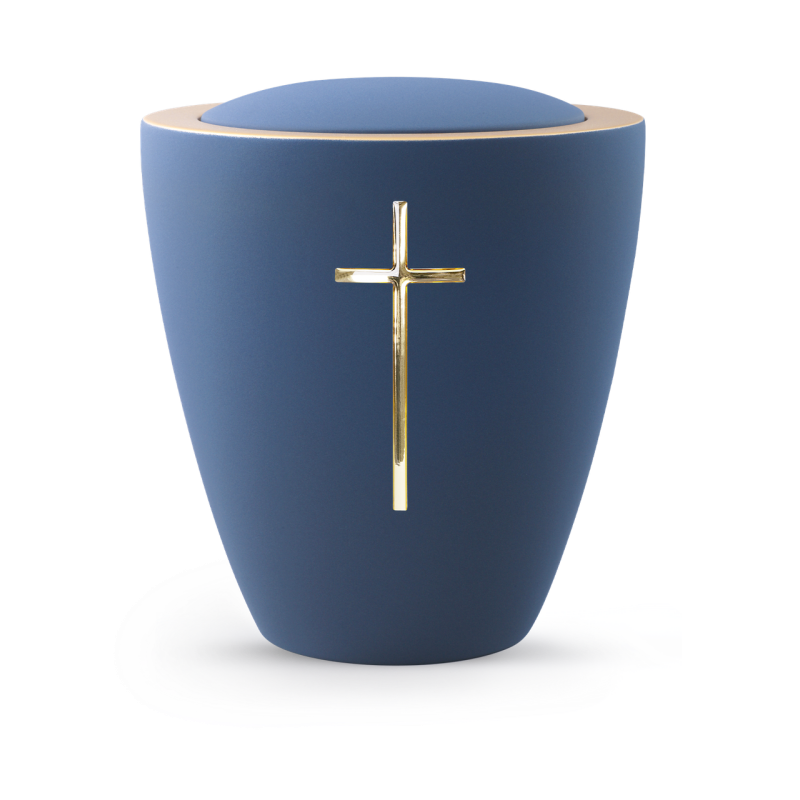 Die Urne aus der Edition Colour Line ist in marineblauem Samton gehalten, hat eine konische Form und ist mit einem goldenen Messingkreuz verziert.