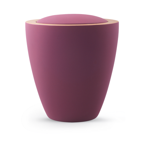 Die burgunderfarbene Keramikurne der Edition Colour Line hat eine konische Form mit einem glatten, matten Finish und einem hellen Rand am Deckel.