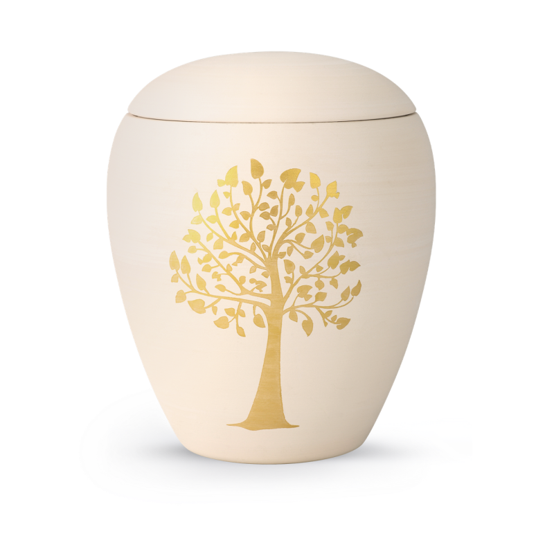 Die handbemalte Urne aus cremefarbener Keramik hat die Form eines Eies und zeigt einen goldenen Baum auf der Vorderseite.