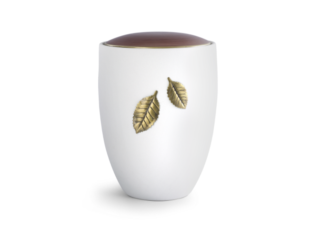 Edition Remember Me, Samton weiß, Deckel handbemalt kastanienbraun, fallende Blätter, Keramik