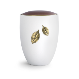 Edition Remember Me, Samton weiß, Deckel handbemalt kastanienbraun, fallende Blätter, Keramik