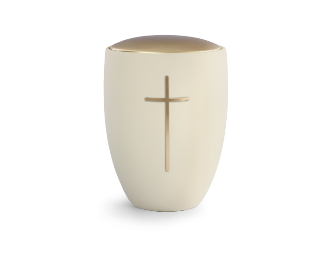 Edition Remember Me, Samton creme, Deckel golden, Messingfarbiges Kreuz, Keramik Edition Remember Me, Samton creme, Deckel golden, Messingfarbiges Kreuz, Keramik
