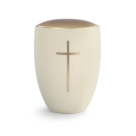 Edition Remember Me, Samton creme, Deckel golden, Messingfarbiges Kreuz, Keramik Edition Remember Me, Samton creme, Deckel golden, Messingfarbiges Kreuz, Keramik