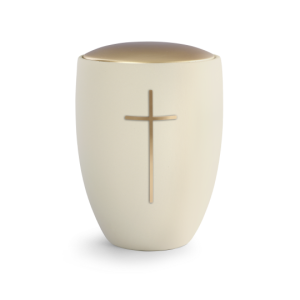 Edition Remember Me, Samton creme, Deckel golden, Messingfarbiges Kreuz, Keramik