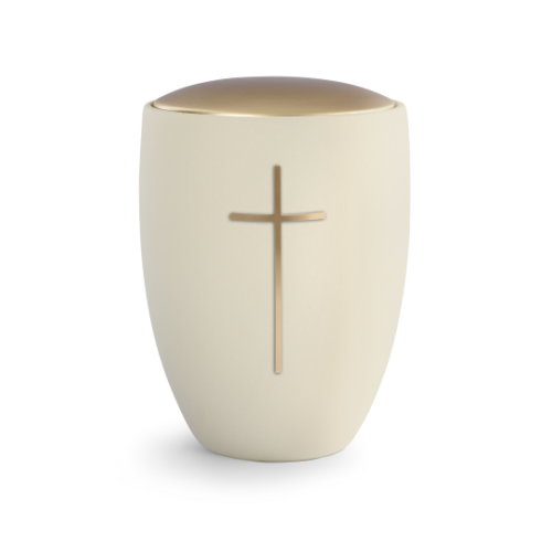 Urne der Edition Remember Me in cremefarbener Samton-Optik mit goldenem Deckel und messingfarbigem Kreuz, gefertigt aus Keramik, Gesamtansicht.