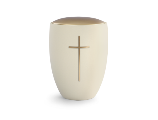 Edition Remember Me, Samton creme, Deckel golden, Messingfarbiges Kreuz, Keramik